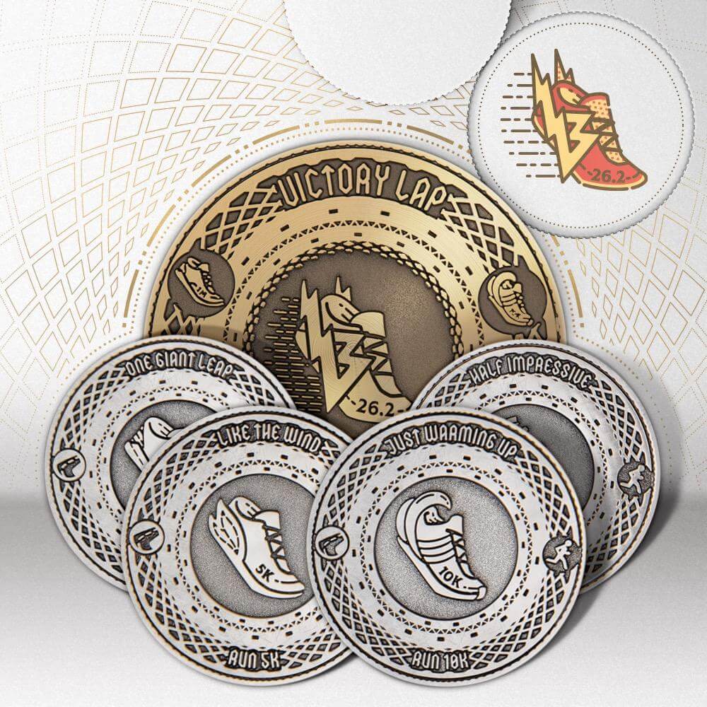 Running IRLA Pack — five collectible running challenge coins from first mile to marathon, by Antsy Labs